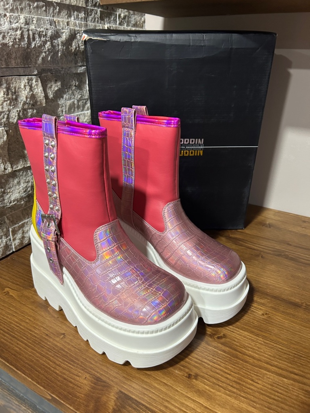 Pink Holographic Platform Ankle Boots - Women new in box size 8